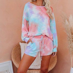 New Pink Tie-dye Print Long Sleeve and Shorts